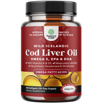 Icelandic Wild Caught Cod Liver Oil Softgels - Fish Omega 3, EPA, DHA, Vitamin D & A, 1000mg Per Serving - Burpless Capsules for Heart - PrimeBioHealth - canada supplements