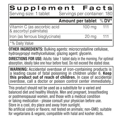 Igennus Clean Iron Bisglycinate 20mg, Vitamin C, 6 Month Supply, Gentle Chelated High Absorption Formula & Targeted Release Ferrous Bisglycinate - PrimeBioHealth - canada supplements