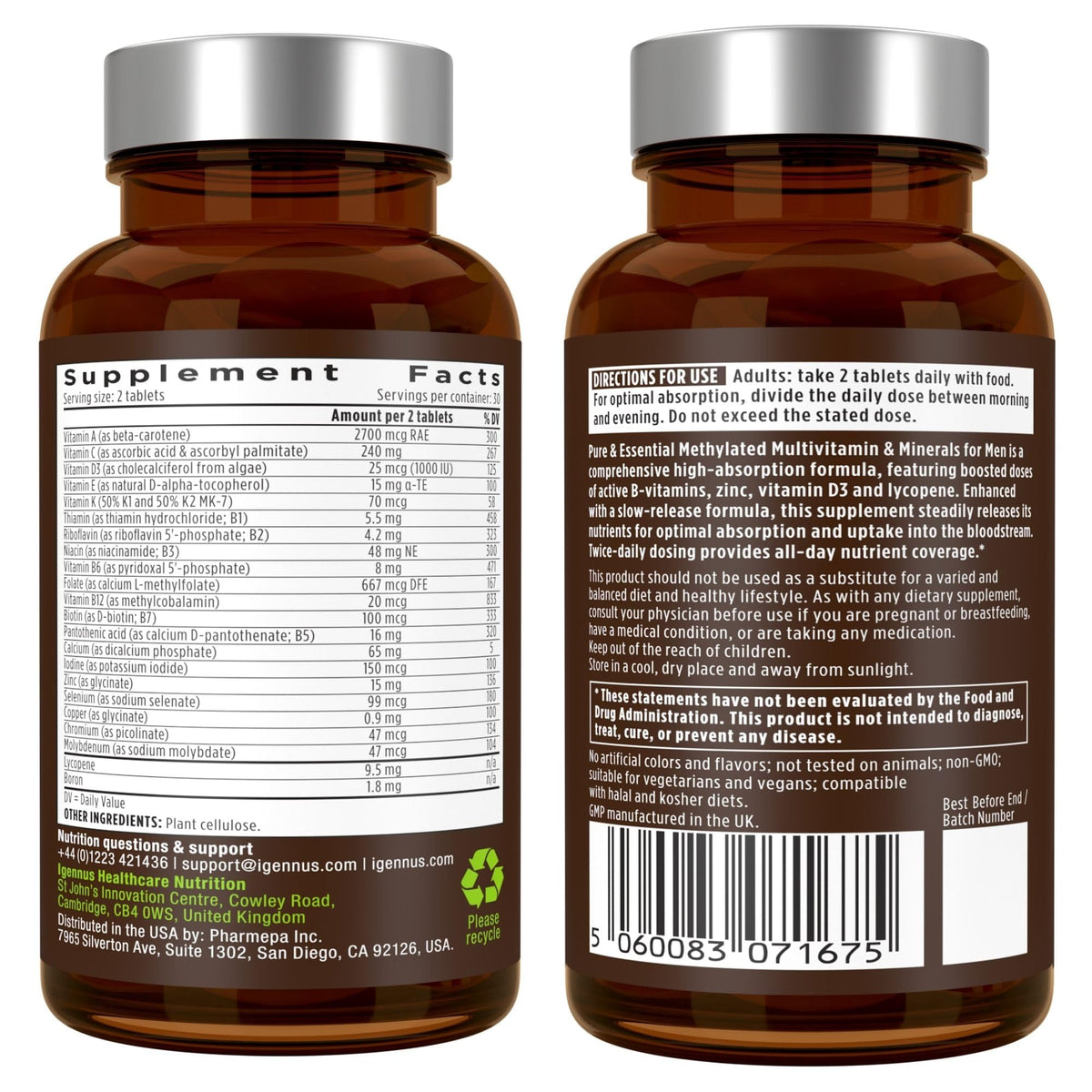 Igennus Methylated Men's Multivitamin with 22 Actives, Added Lycopene for Antioxidant Support, High Potency B12, Sustained Release, - PrimeBioHealth - canada supplements