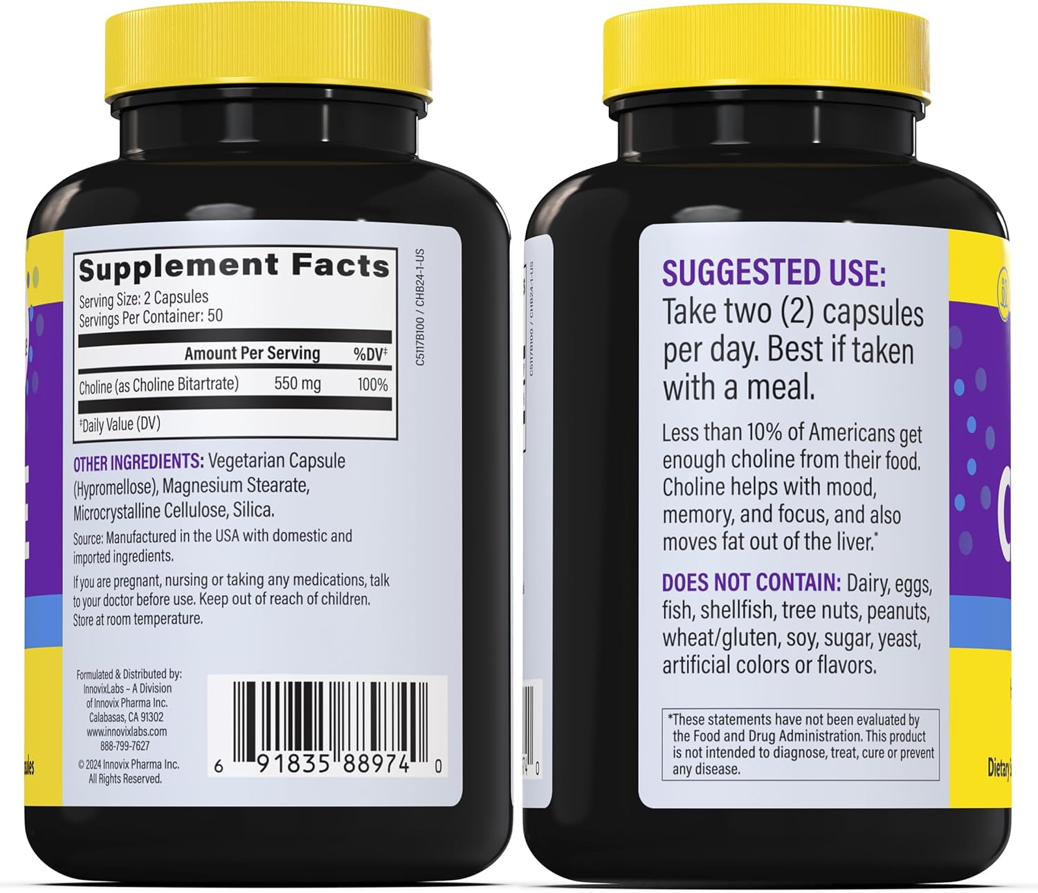InnovixLabs Choline Supplement 550 mg, Pure Choline Bitartrate Brain Supplement for Memory and Focus, Supports Liver Function and Mental Clarity for Women and Men, Non-GMO, 50-Day Supply - PrimeBioHealth - canada supplements
