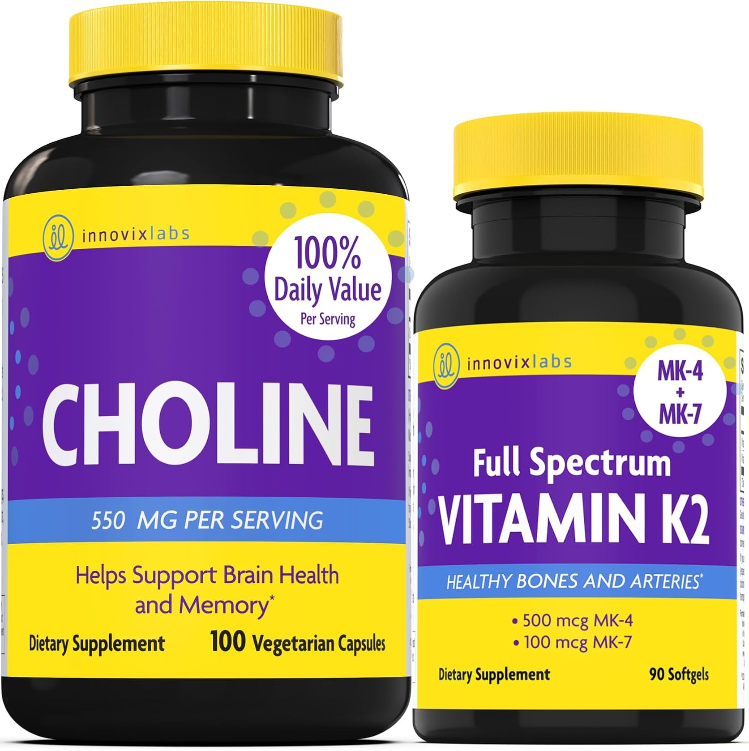 InnovixLabs Choline & Vitamin K2 Bundle Choline Bitartrate 550mg (100 Capsules) Full Spectrum Vitamin K2 (90 Softgels). Supports Memory, Mood, Brain Health & Boost Cognitive.* - PrimeBioHealth - canada supplements