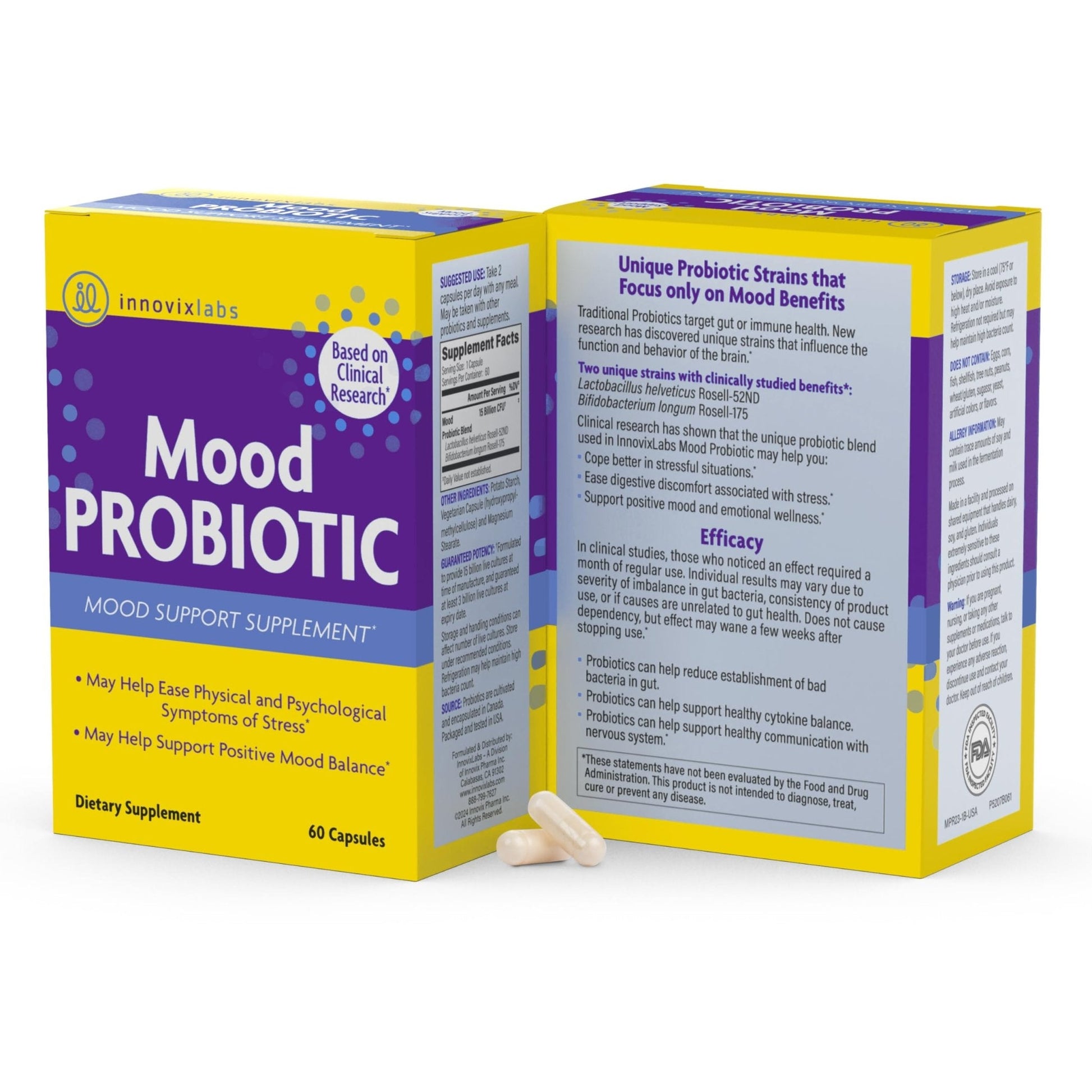 InnovixLabs Mood Probiotic for Women & Men, Clinically Studied Digestive & Mood Support Supplement, Lactobacillus helveticus Rosell-52ND & Bifidobacterium longum Rosell-175, 60 Capsules - PrimeBioHealth - canada supplements
