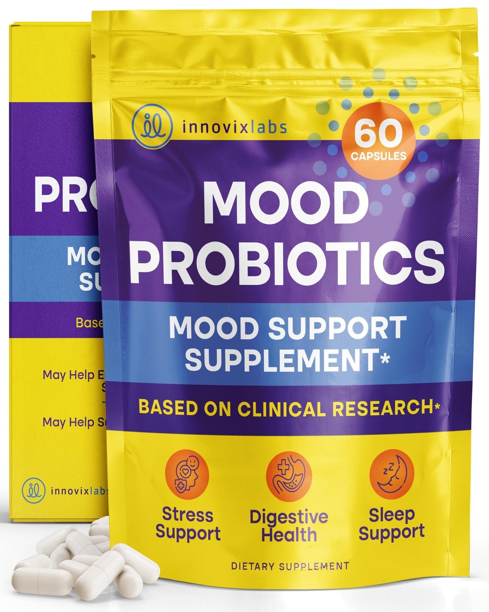 InnovixLabs Mood Probiotic for Women & Men, Clinically Studied Digestive & Mood Support Supplement, Lactobacillus helveticus Rosell-52ND & Bifidobacterium longum Rosell-175, 60 Capsules - PrimeBioHealth - canada supplements