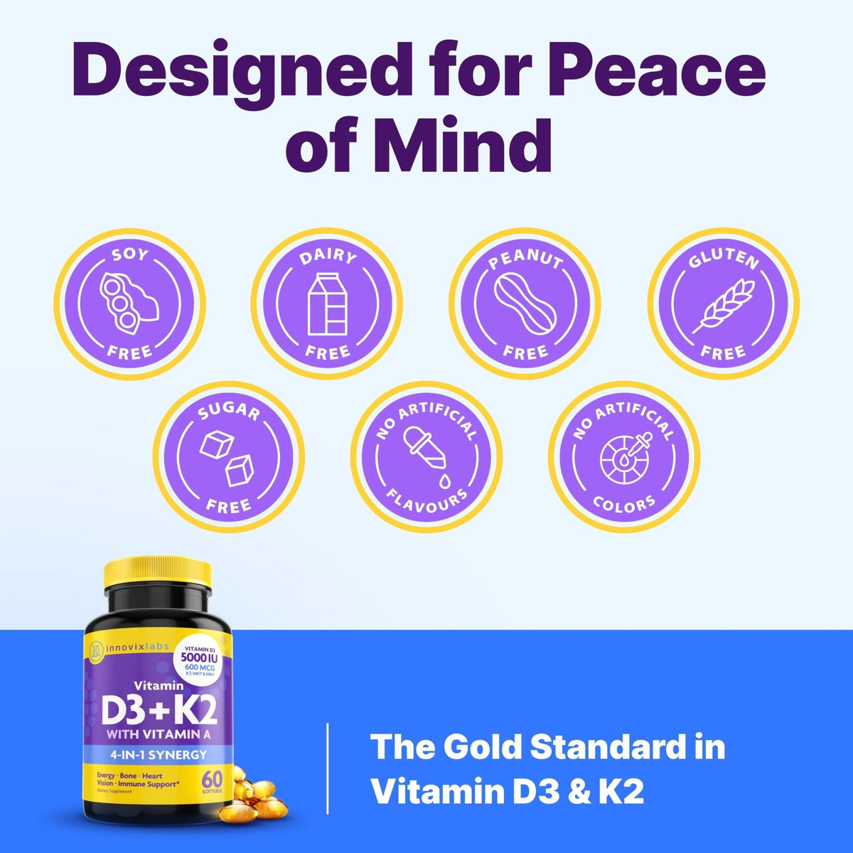 InnovixLabs Vitamin D3 K2-5000 IU Vitamin D3 Plus 600 mcg Vitamin K2 MK4 and MK7 for Max Calcium Absorption, Supports Bone, Immune, Heart Health, 3rd Party Tested, Gluten Free, 60 Softgels - PrimeBioHealth - canada supplements