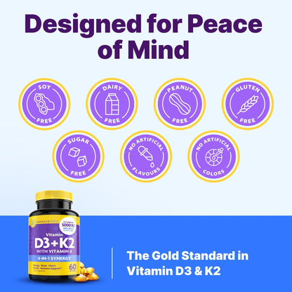 InnovixLabs Vitamin D3 K2-5000 IU Vitamin D3 Plus 600 mcg Vitamin K2 MK4 and MK7 for Max Calcium Absorption, Supports Bone, Immune, Heart Health, 3rd Party Tested, Gluten Free, 60 Softgels - PrimeBioHealth - canada supplements