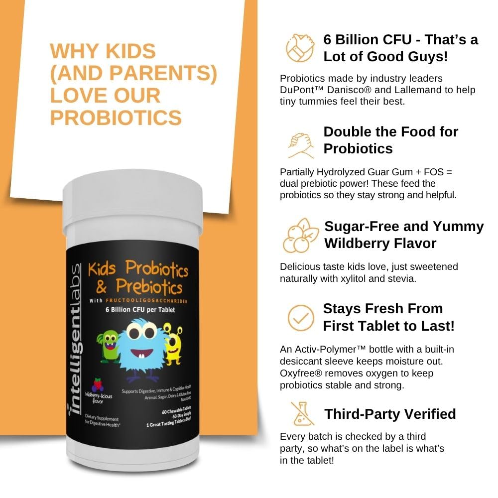Intelligent Labs Kids/Children Probiotics 6 Billion CFU with Prebiotics, PHGG & FOS, Once-Daily Chewable, Great Taste, 10x Effectiveness - PrimeBioHealth - canada supplements
