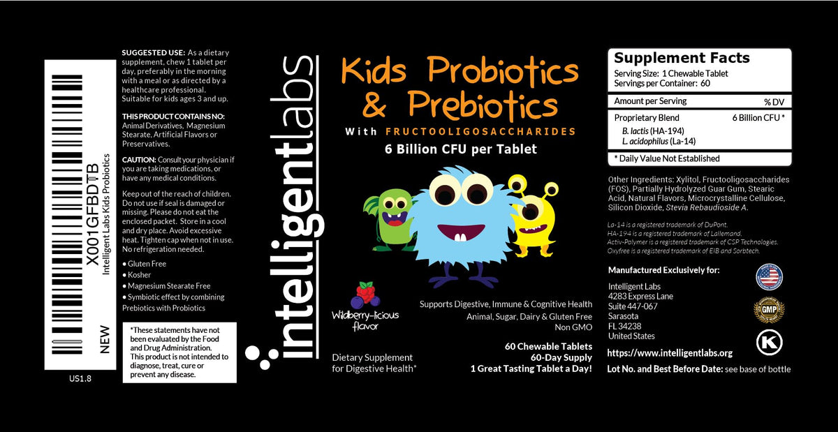 Intelligent Labs Kids/Children Probiotics 6 Billion CFU with Prebiotics, PHGG & FOS, Once-Daily Chewable, Great Taste, 10x Effectiveness - PrimeBioHealth - canada supplements