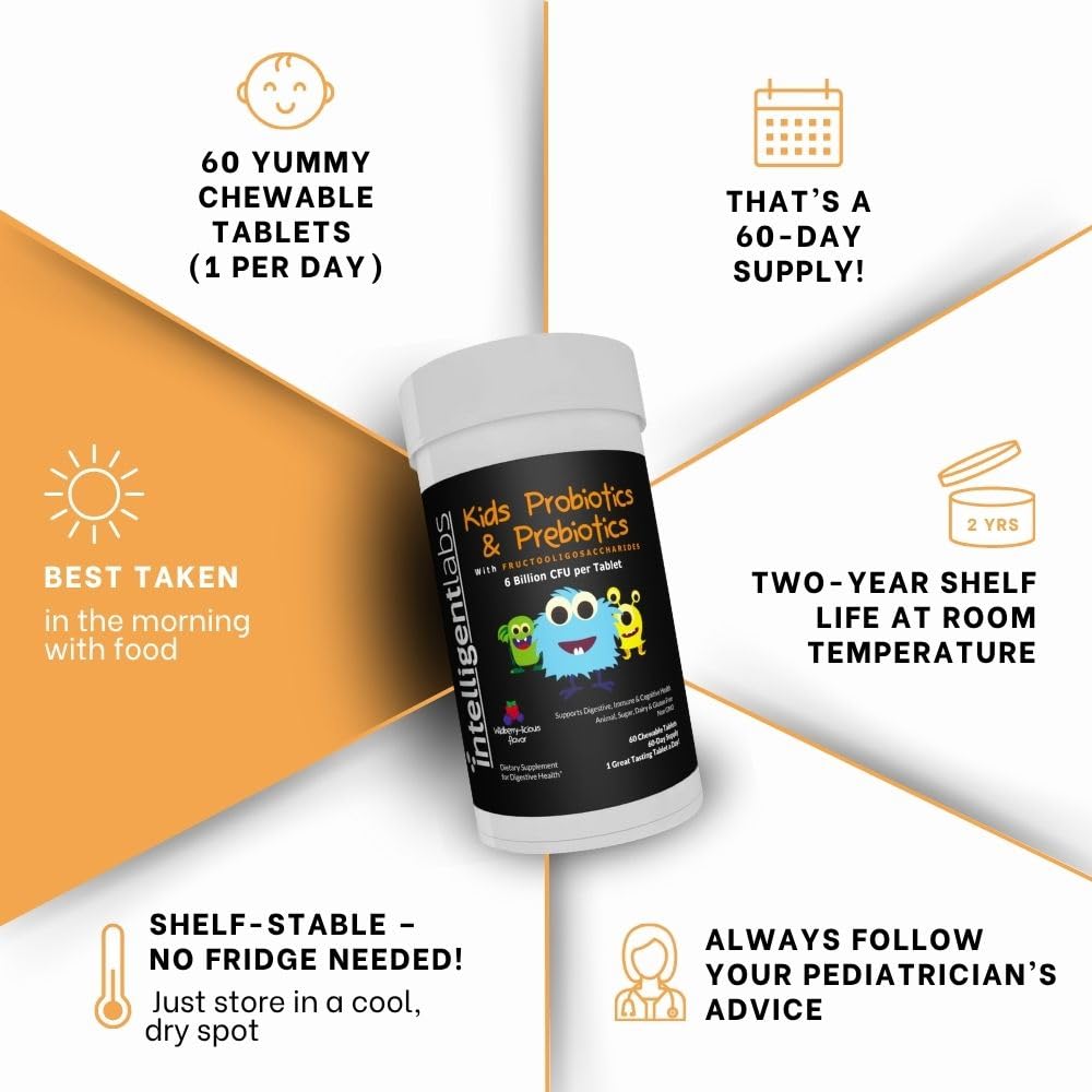 Intelligent Labs Kids/Children Probiotics 6 Billion CFU with Prebiotics, PHGG & FOS, Once-Daily Chewable, Great Taste, 10x Effectiveness - PrimeBioHealth - canada supplements