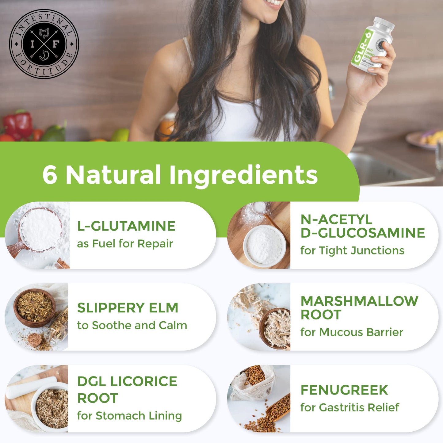 Intestinal Fortitude GLR-6 - Gut Lining Repair Supplement for Gut Health - Leaky Gut Repair with L-Glutamine, Slippery Elm, DGL Licorice Root, Marshmallow Root, Fenugreek - PrimeBioHealth - canada supplements