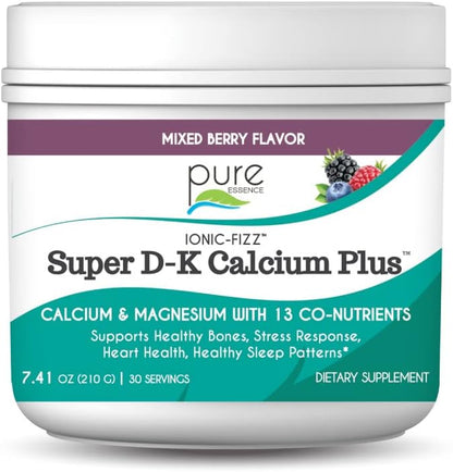 Ionic Fizz Super D-K Calcium Plus by Pure Essence - with Extra Magnesium, Vitamin D3, Vitamin K2 for Strong Bones and Stress Support - Mixed Berry - 7.41oz - PrimeBioHealth - canada supplements