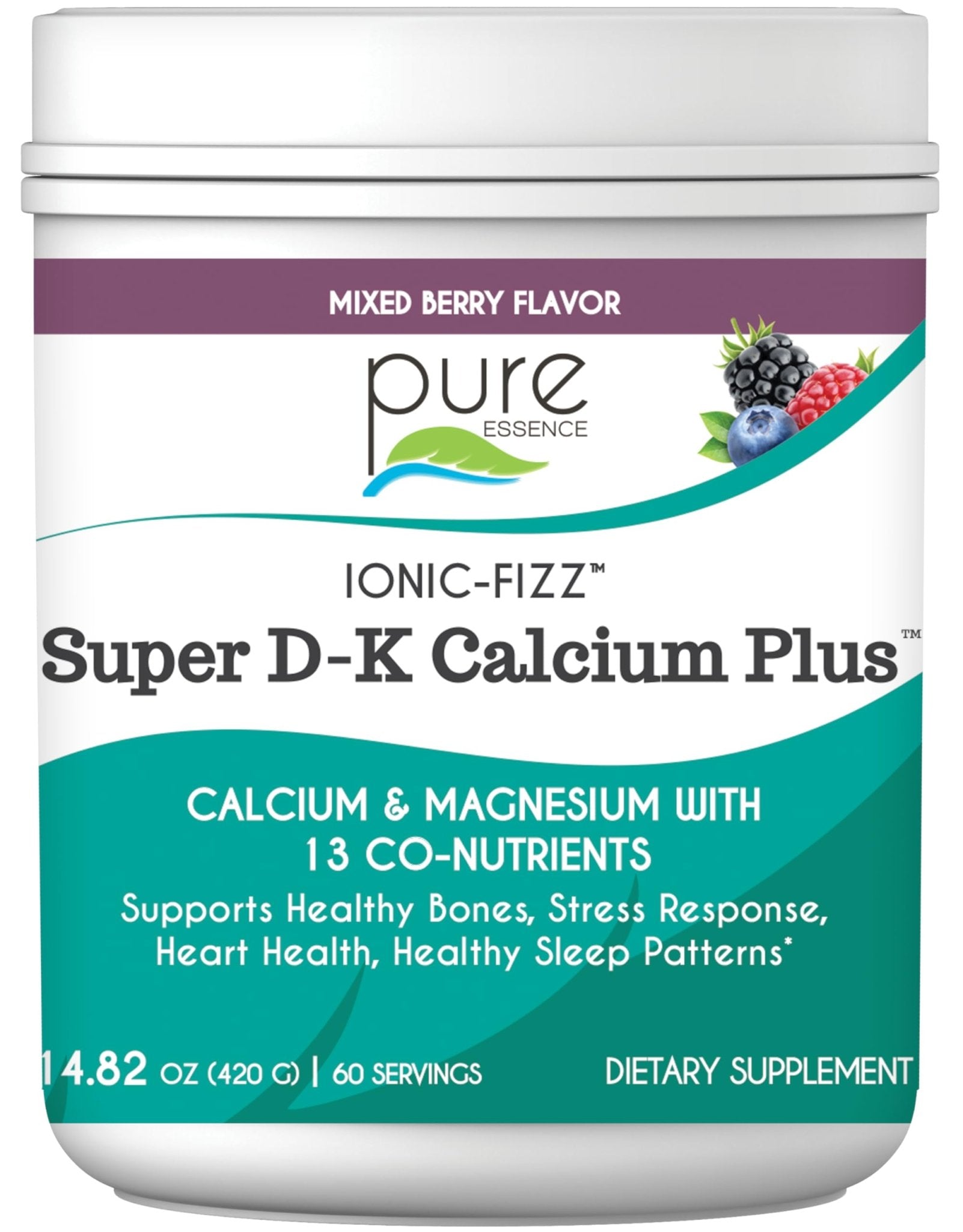 Ionic Fizz Super D-K Calcium Plus by Pure Essence - with Extra Magnesium, Vitamin D3, Vitamin K2 for Strong Bones and Stress Support - Raspberry Lemonade - 14.82oz - PrimeBioHealth - canada supplements
