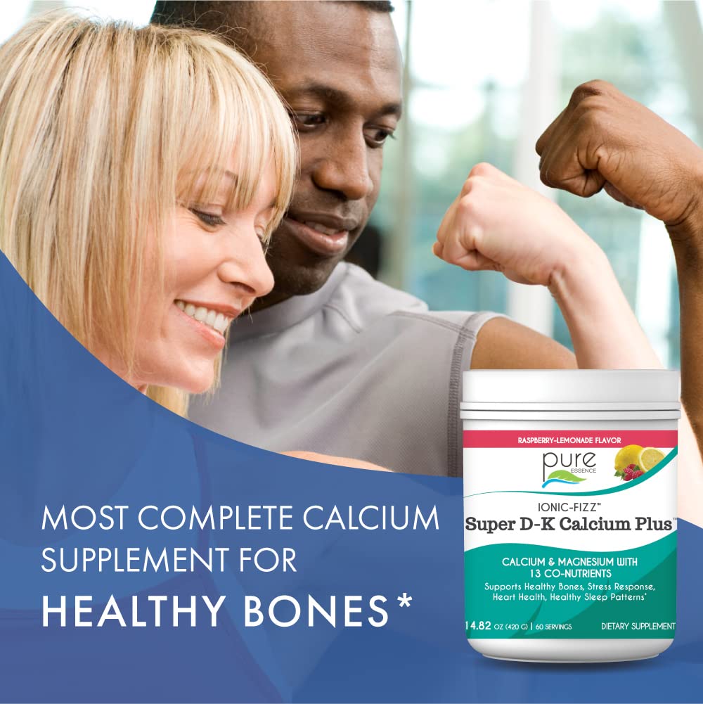 Ionic Fizz Super D-K Calcium Plus by Pure Essence - with Extra Magnesium, Vitamin D3, Vitamin K2 for Strong Bones and Stress Support - Raspberry Lemonade - 14.82oz - PrimeBioHealth - canada supplements