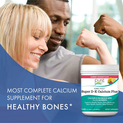 Ionic Fizz Super D-K Calcium Plus by Pure Essence - with Extra Magnesium, Vitamin D3, Vitamin K2 for Strong Bones and Stress Support - Raspberry Lemonade - 14.82oz - PrimeBioHealth - canada supplements