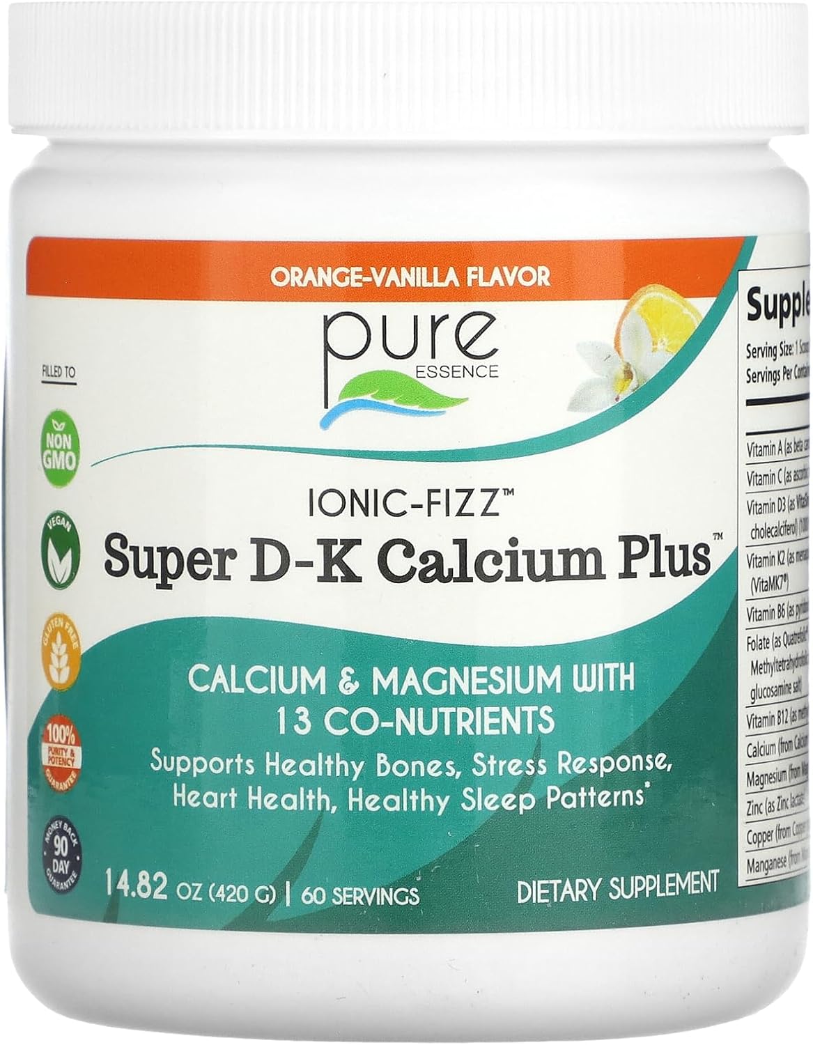 Ionic Fizz Super D-K Calcium Plus by Pure Essence - with Extra Magnesium, Vitamin D3, Vitamin K2 - Orange Vanilla - 14.82oz - PrimeBioHealth - canada supplements