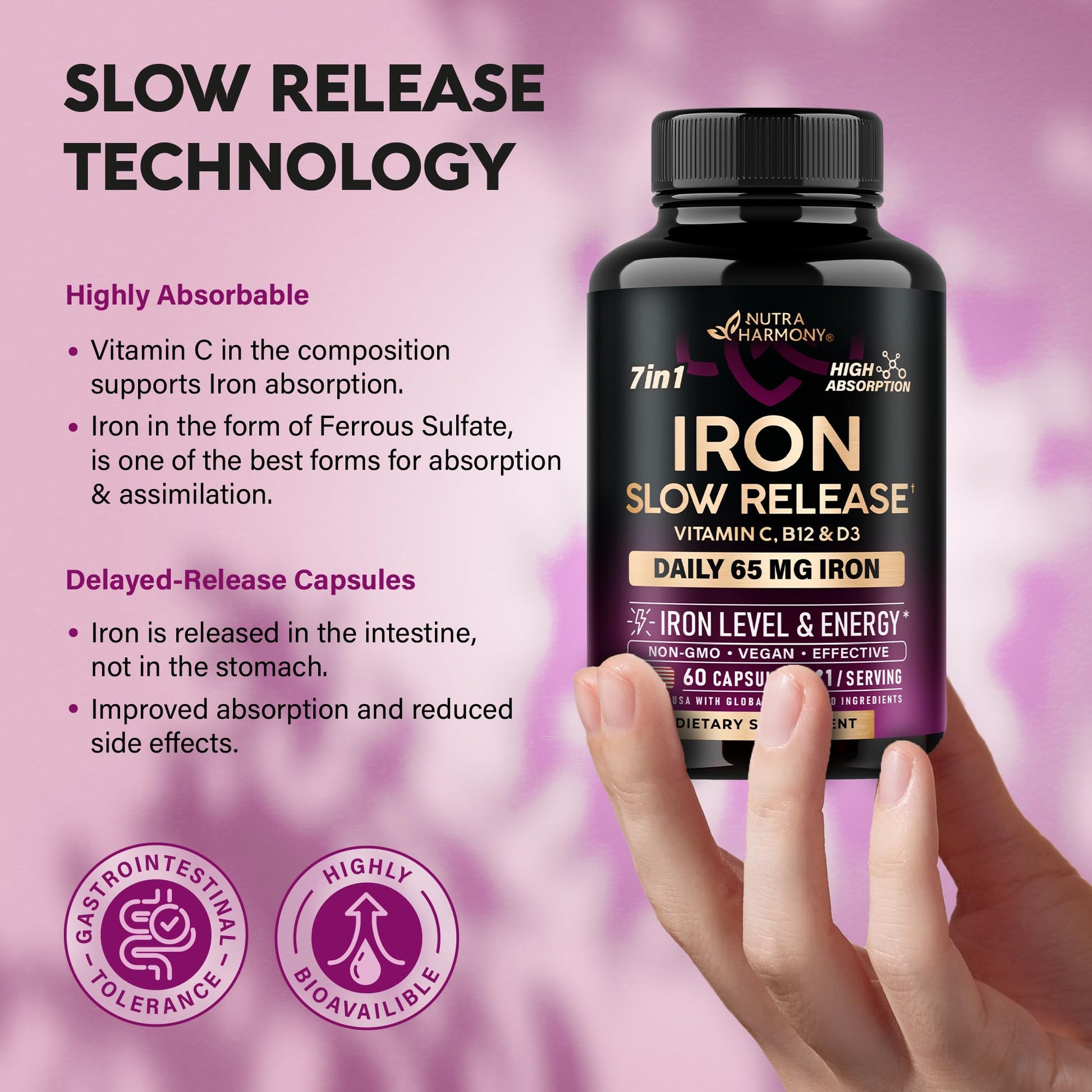 Iron Supplement for Women - Iron 65mg (Ferrous Sulfate 325mg) - Stomach Friendly | Slow Release Iron | High Absorption - Vitamins C, D3, B6, B12 & Folate - PrimeBioHealth - canada supplements