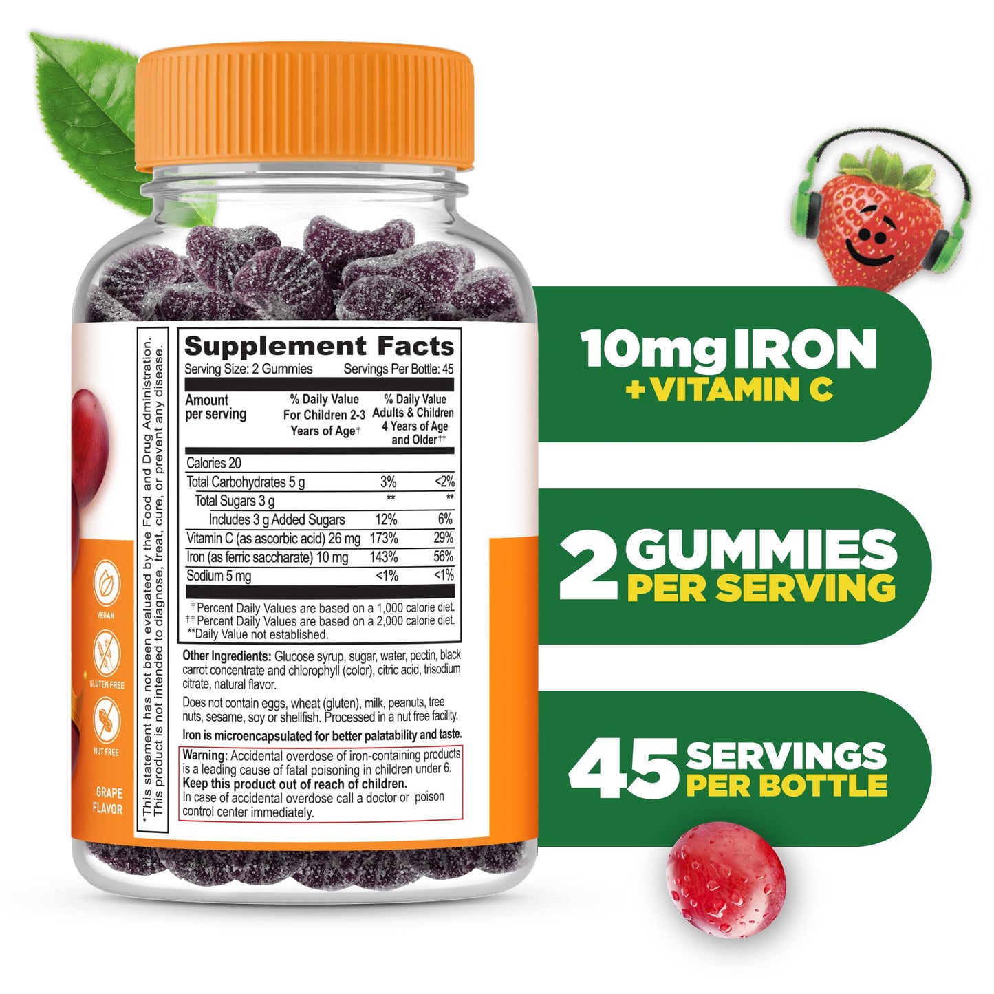 Iron Supplements for Kids | 10mg | with Vitamin C | Great Tasting Iron Gummies for Kids | Vegan Non GMO Kids Iron | for Immune Health - PrimeBioHealth - canada supplements