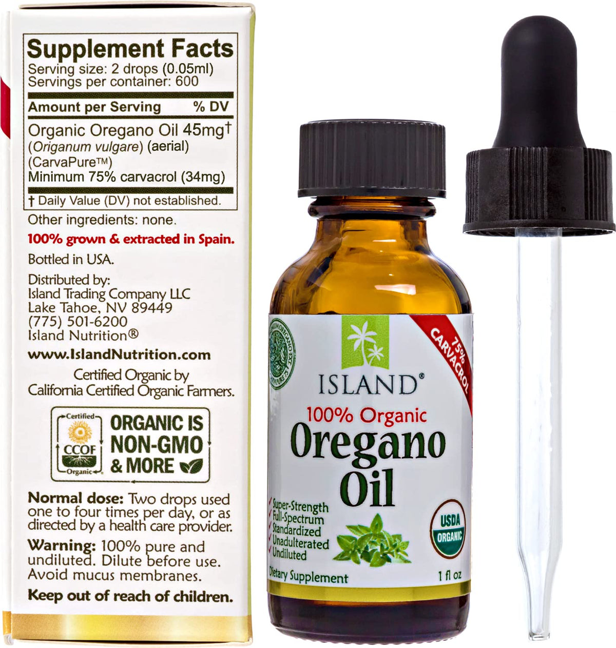 Island Nutrition, Oregano Oil Organic Liquid Drops - 100% Pure & Undiluted - USDA-Certified Organic (1 oz) 75% Carvacrol - PrimeBioHealth - canada supplements