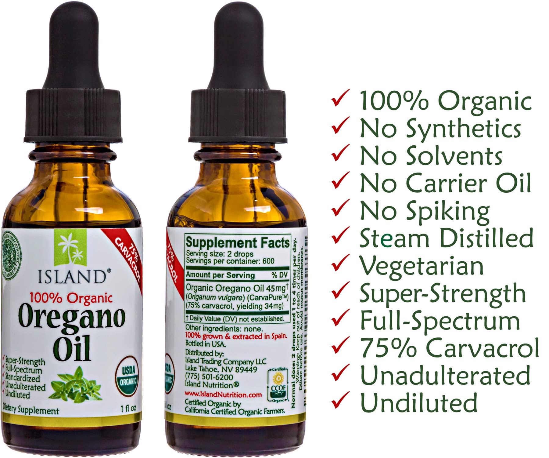 Island Nutrition, Oregano Oil Organic Liquid Drops - 100% Pure & Undiluted - USDA-Certified Organic (1 oz) 75% Carvacrol - PrimeBioHealth - canada supplements
