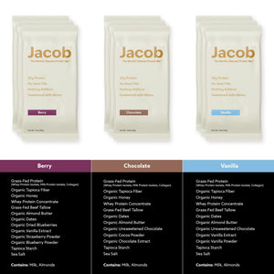 Jacob Bar, Protein Bars, Variety Pack (9 Bars Total) Contains 3 of Each; Chocolate, Vanilla, Berry - 20g Grass-Fed Protein, No Seed Oils, Nothing Artificial - PrimeBioHealth - canada supplements