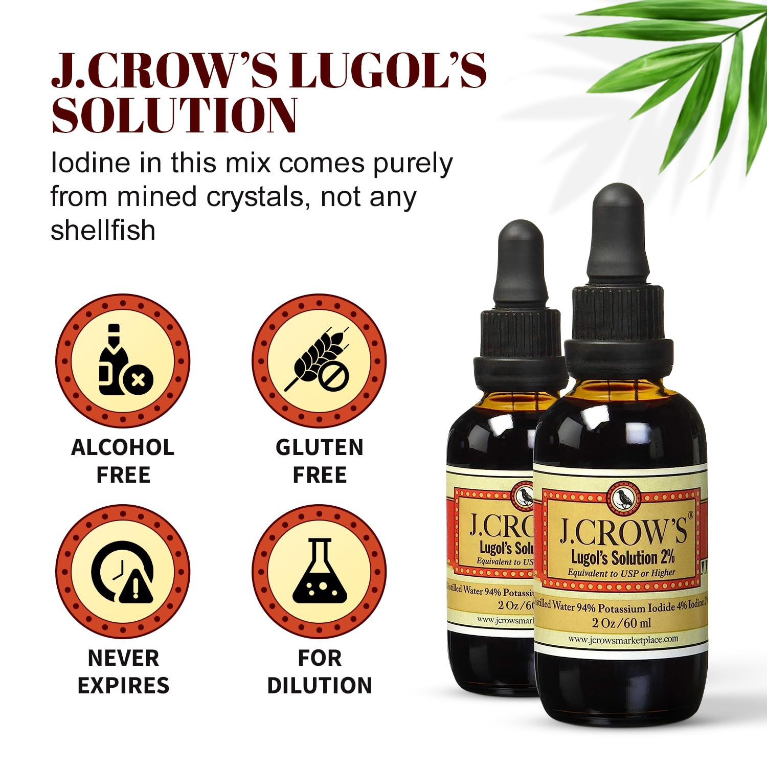 J.CROW'S® Lugol's Solution of Iodine 2% 2 oz (1 Bottle) – Premium Iodine & Potassium Iodide Liquid, Gluten - PrimeBioHealth - canada supplements