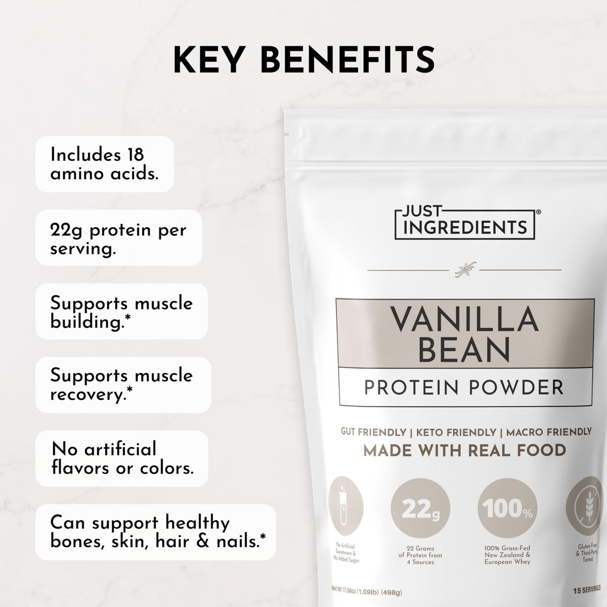 JUST INGREDIENTS Vanilla Protein Powder - Grass-Fed Whey Blend, Organic, Gluten Free, Dairy Free, Soy Free - 15 Servings, 22g Protein - PrimeBioHealth - canada supplements
