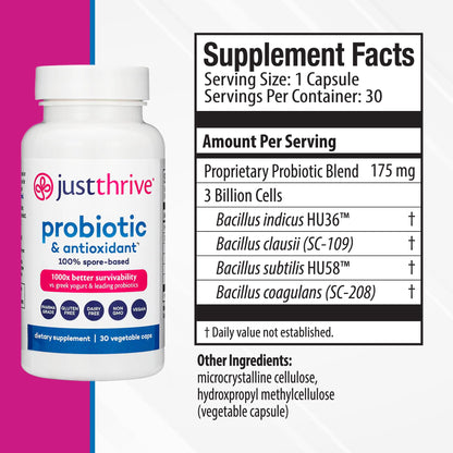 Just Thrive Probiotic & Antioxidant Supplement - 100% Spore-Based Digestive and Immune Support - Gluten Free, 30 Caps - PrimeBioHealth - canada supplements