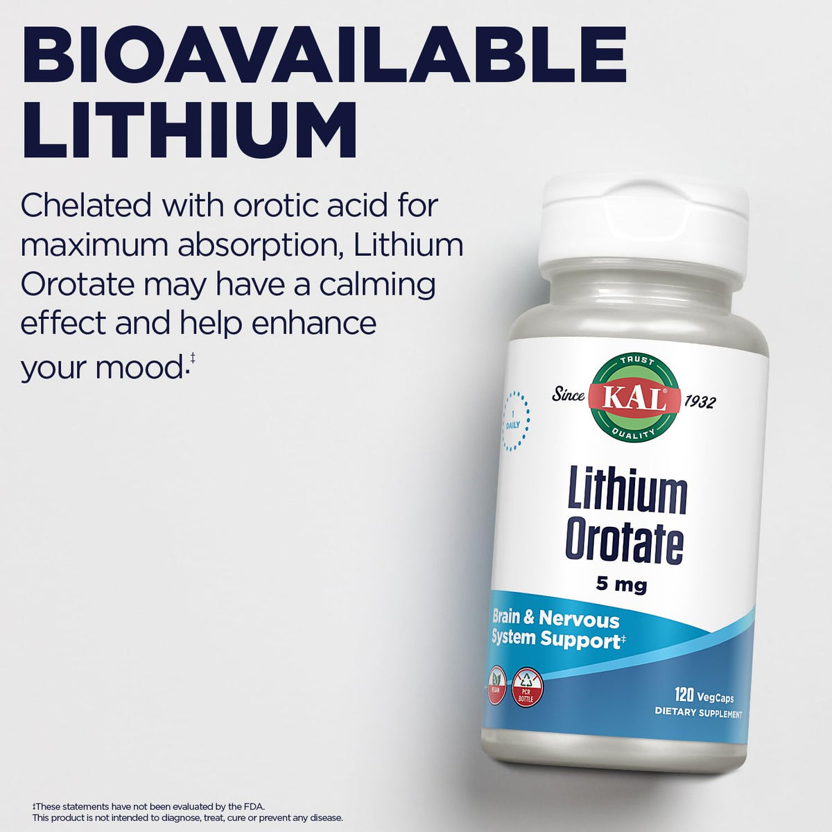 KAL Lithium Orotate 5 milligrams | Low Serving Of Chelated Lithium Orotate For Bioavailability and Mood Support | In Organic Rice Bran Extract Base | 120 VegCaps - PrimeBioHealth - canada supplements
