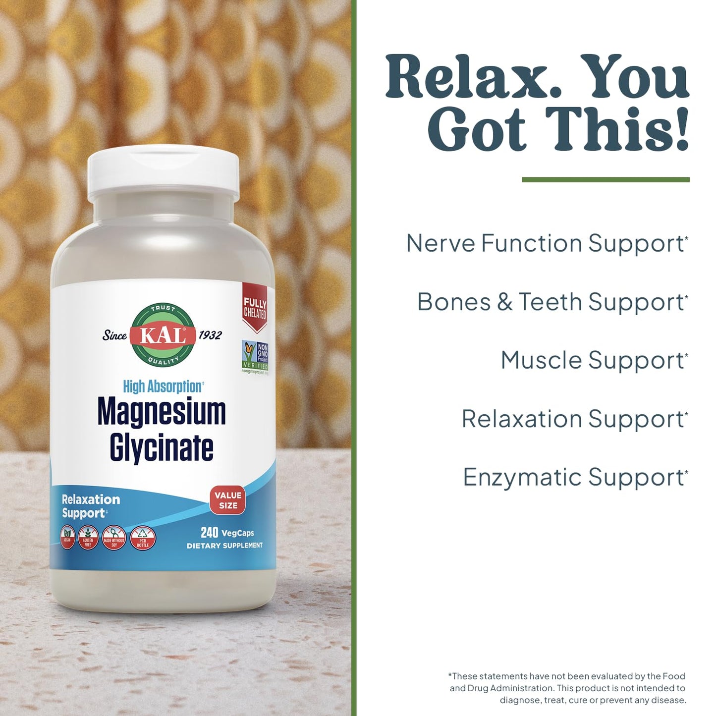 KAL Magnesium Glycinate, New & Improved Fully Chelated High Absorption Formula with BioPerine, Bisglycinate Chelate for Stress, Relaxation, Muscle & Bone Health Support, 60 Servings, 240 VegCaps - PrimeBioHealth - canada supplements