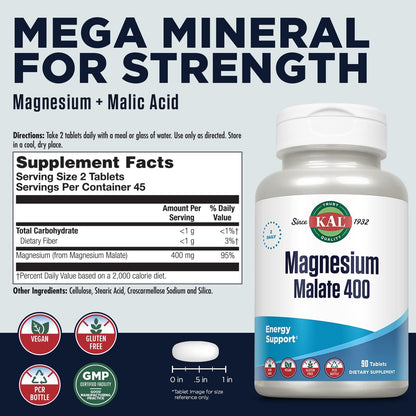 KAL Magnesium Malate 400mg, Chelated Magnesium Supplement with Malic Acid, Healthy Energy & Muscle Function Support, Enhanced Absorption, Vegan, Non-GMO, 45 Servings, 90 Veg Tabs - PrimeBioHealth - canada supplements