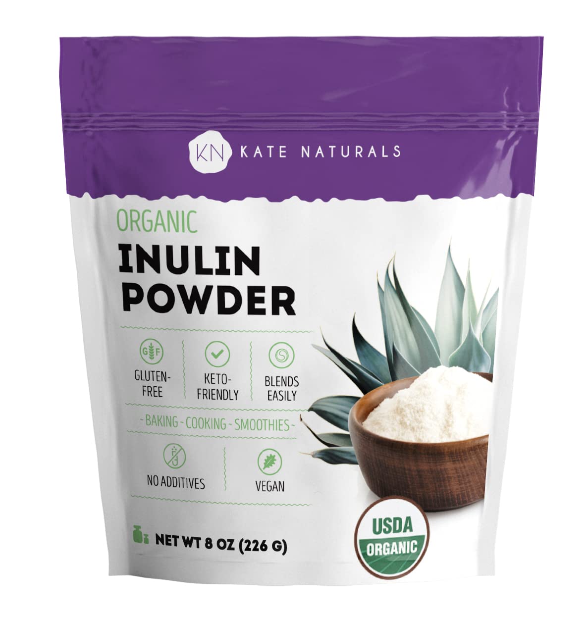 Kate Naturals Inulin Powder Organic from Blue Agave (8oz) Soluble Prebiotic Fiber for Coffee, Yogurt & Smoothies - PrimeBioHealth - canada supplements