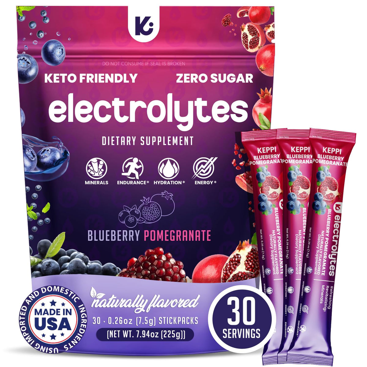 Keppi Electrolytes Powder Packets – Blueberry Pomegranate 30 Servings – No Sugar Hydration Supplement with Potassium, Magnesium, Sodium – Keto, Vegan - PrimeBioHealth - canada supplements