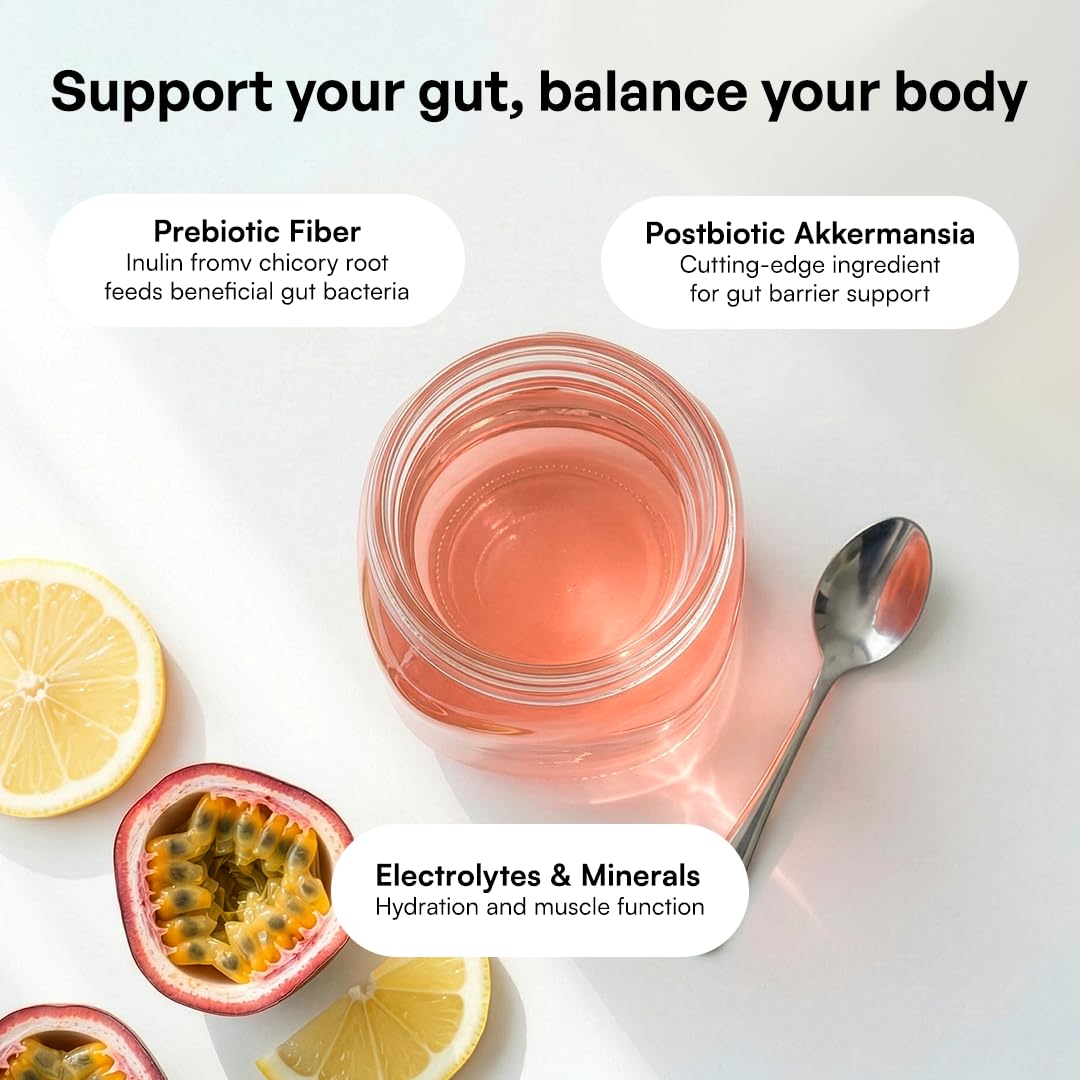 KEY NUTRIENTS Gut Health Hydration – Passionfruit Lemonade, Fiber Supplement with 3g Prebiotic Fiber & Akkermansia Probiotics for Women and Men - PrimeBioHealth - canada supplements