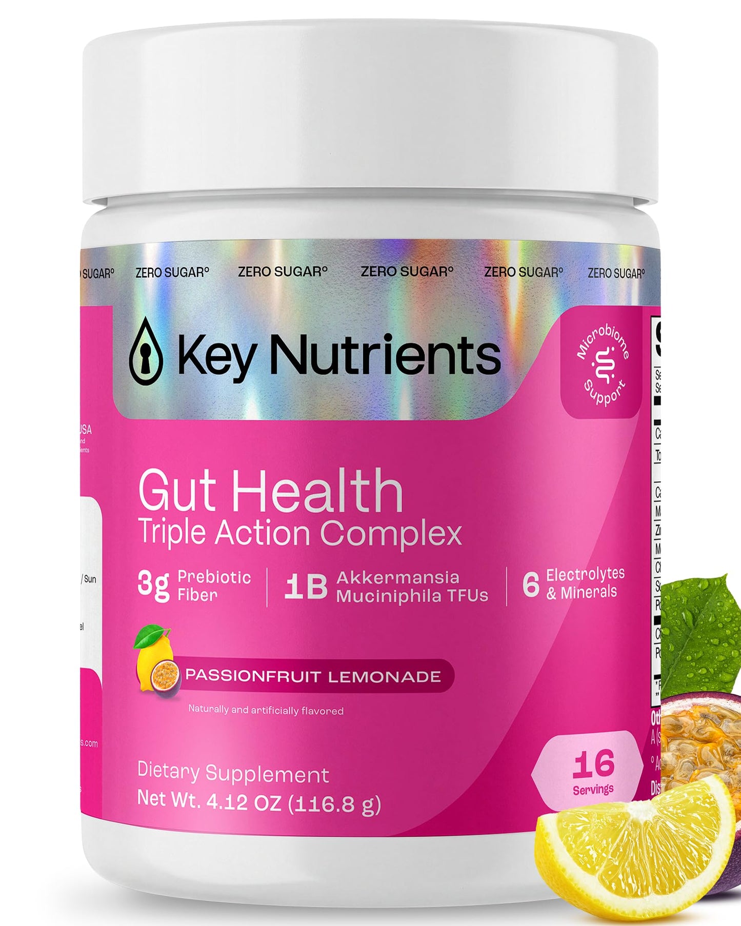 KEY NUTRIENTS Gut Health Hydration – Passionfruit Lemonade, Fiber Supplement with 3g Prebiotic Fiber & Akkermansia Probiotics for Women and Men - PrimeBioHealth - canada supplements