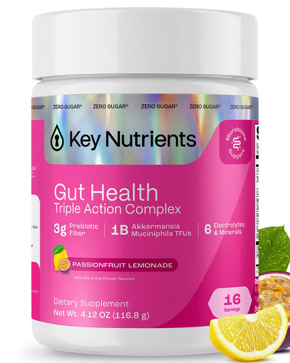 KEY NUTRIENTS Gut Health Hydration – Passionfruit Lemonade, Fiber Supplement with 3g Prebiotic Fiber & Akkermansia Probiotics for Women and Men - PrimeBioHealth - canada supplements