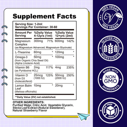 Kids Magnesium Liquid Drops-Magnesium Glycinate Liquid for Kids Supplement-w/L-theanine, Omega-3, Vitamin B6, D3 - for Sleep, Relaxation, Brain, Bones - PrimeBioHealth - canada supplements