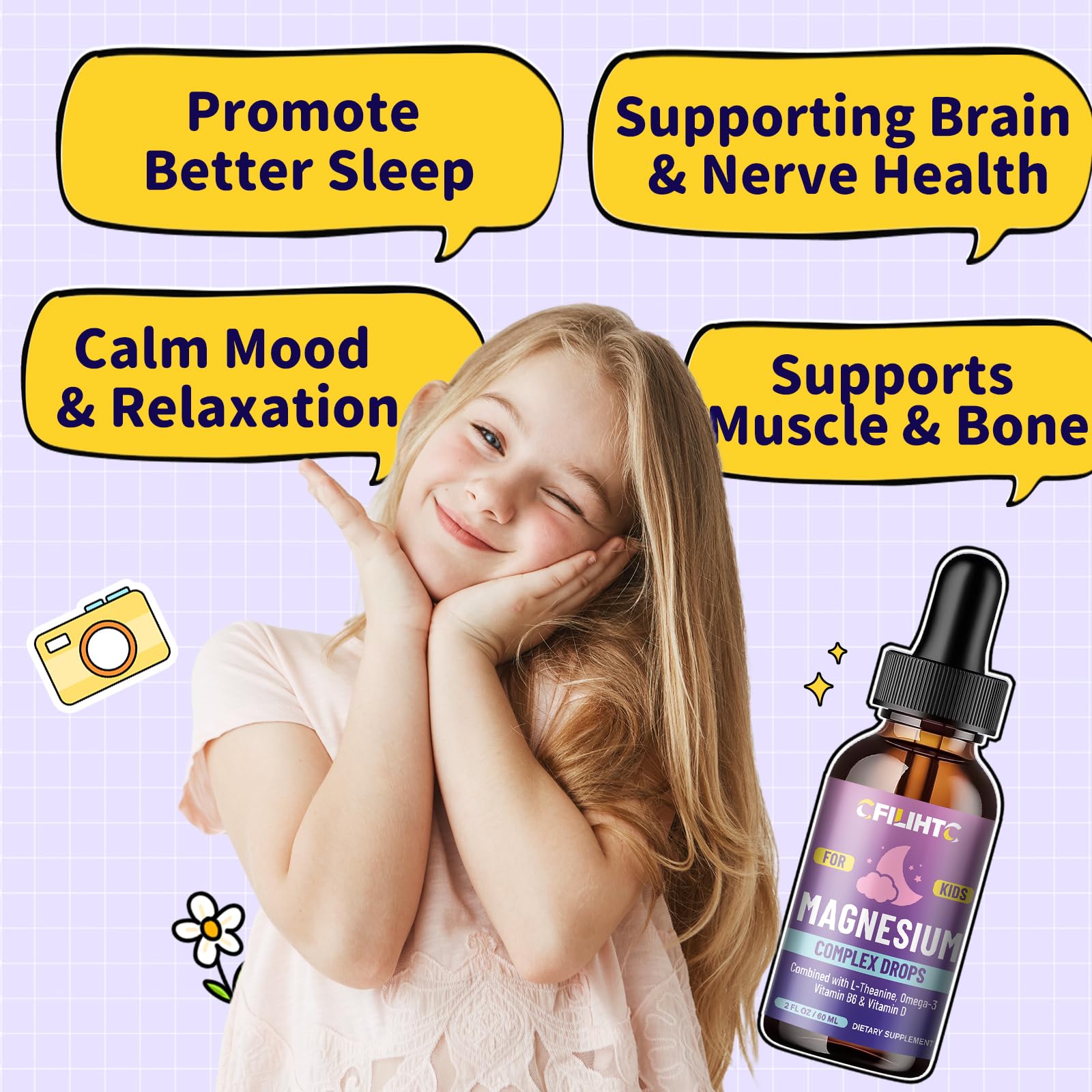 Kids Magnesium Liquid Drops-Magnesium Glycinate Liquid for Kids Supplement-w/L-theanine, Omega-3, Vitamin B6, D3 - for Sleep, Relaxation, Brain, Bones - PrimeBioHealth - canada supplements