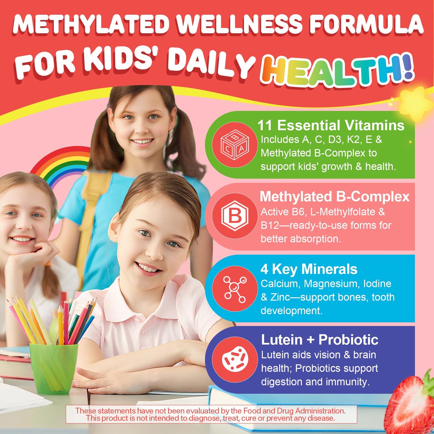 Kids Multivitamin Gummies + Calcium, Probiotics, Vitamin D3, C, Methylated B12 & Methylfolate, B6, A, K2, E, Zinc, Prebiotics for Children Ages 4+, Clean & Sugar Free, for Nutritional Support, 60 Cts - PrimeBioHealth - canada supplements