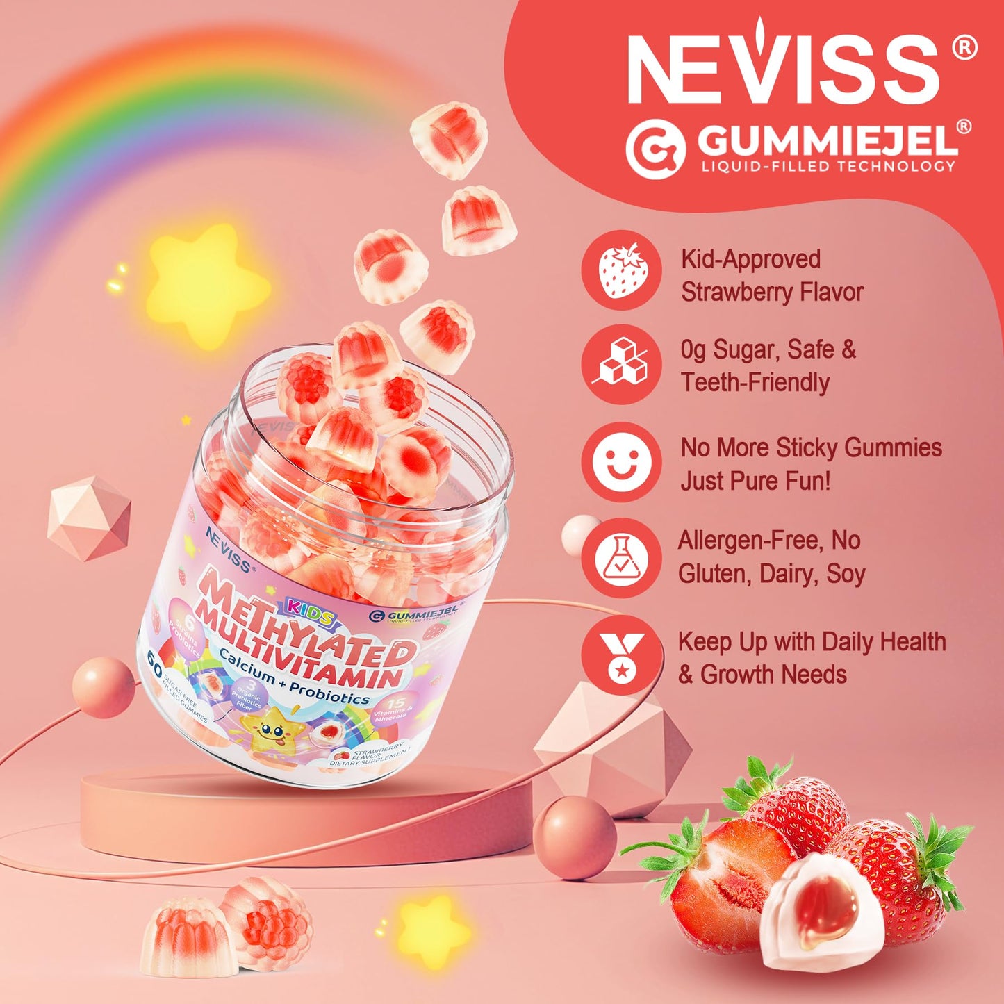 Kids Multivitamin Gummies + Calcium, Probiotics, Vitamin D3, C, Methylated B12 & Methylfolate, B6, A, K2, E, Zinc, Prebiotics for Children Ages 4+, Clean & Sugar Free, for Nutritional Support, 60 Cts - PrimeBioHealth - canada supplements