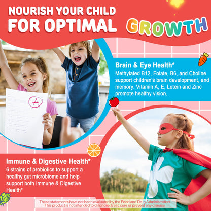 Kids Multivitamin Gummies + Calcium, Probiotics, Vitamin D3, C, Methylated B12 & Methylfolate, B6, A, K2, E, Zinc, Prebiotics for Children Ages 4+, Clean & Sugar Free, for Nutritional Support, 60 Cts - PrimeBioHealth - canada supplements