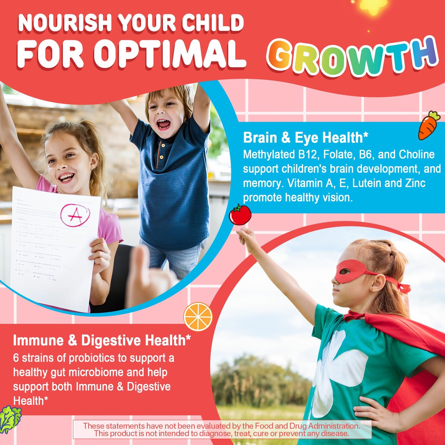 Kids Multivitamin Gummies + Calcium, Probiotics, Vitamin D3, C, Methylated B12 & Methylfolate, B6, A, K2, E, Zinc, Prebiotics for Children Ages 4+, Clean & Sugar Free, for Nutritional Support, 60 Cts - PrimeBioHealth - canada supplements