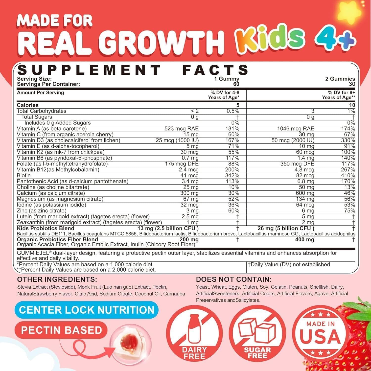 Kids Multivitamin Gummies + Calcium, Probiotics, Vitamin D3, C, Methylated B12 & Methylfolate, B6, A, K2, E, Zinc, Prebiotics for Children Ages 4+, Clean & Sugar Free, for Nutritional Support, 60 Cts - PrimeBioHealth - canada supplements