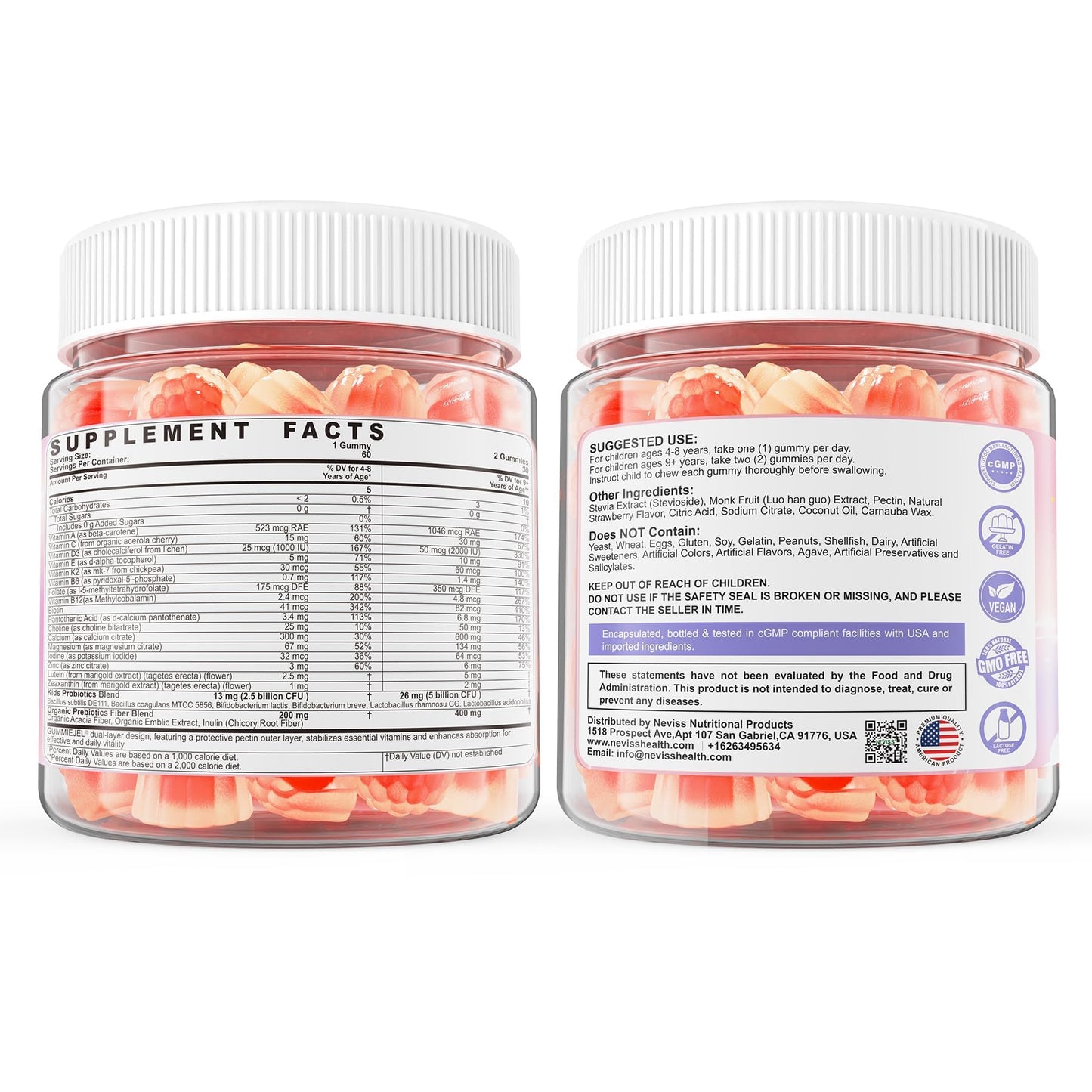 Kids Multivitamin Gummies + Calcium, Probiotics, Vitamin D3, C, Methylated B12 & Methylfolate, B6, A, K2, E, Zinc, Prebiotics for Children Ages 4+, Clean & Sugar Free, for Nutritional Support, 60 Cts - PrimeBioHealth - canada supplements