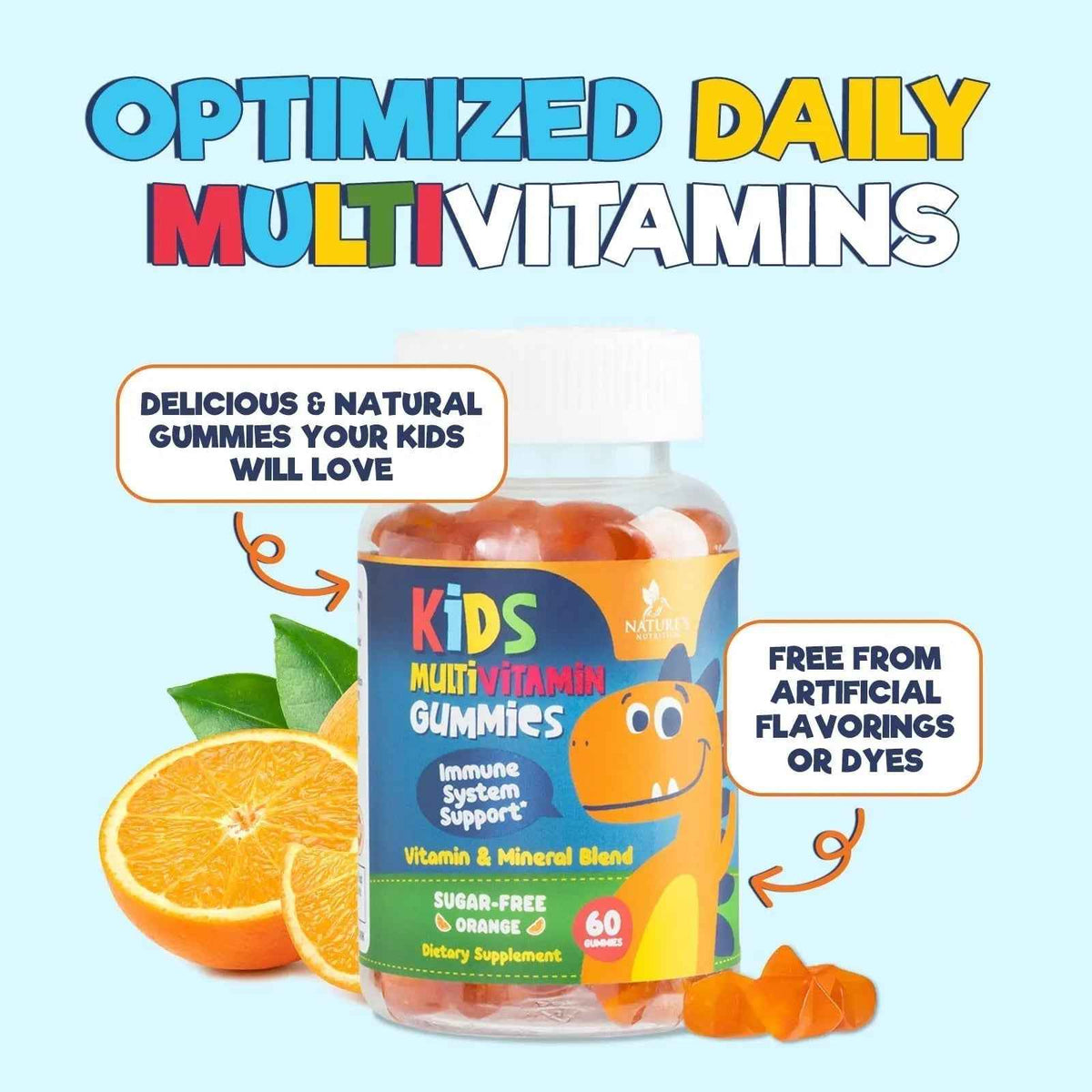 Kids Multivitamin Gummies - Improved Sugar-Free Formula - 100% Daily Folate, Kids Vitamins with Essential Vitamins A, C, D3, E, B6, B12