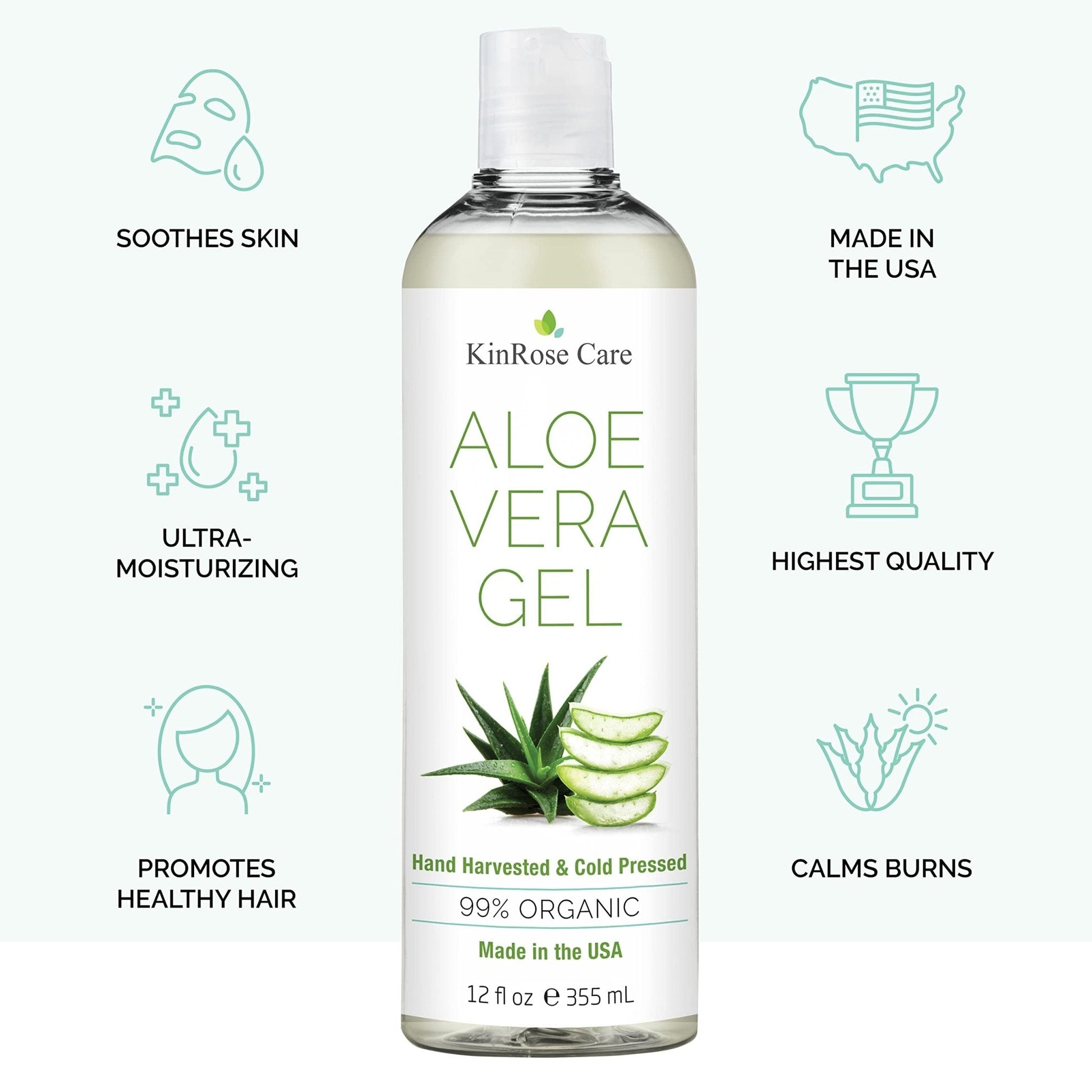 KinRose Care, 12oz Organic Aloe Vera Gel for Face, Skin, Hair & Sunburn Relief - From 100 Percent Pure Aloe Vera - PrimeBioHealth - canada supplements