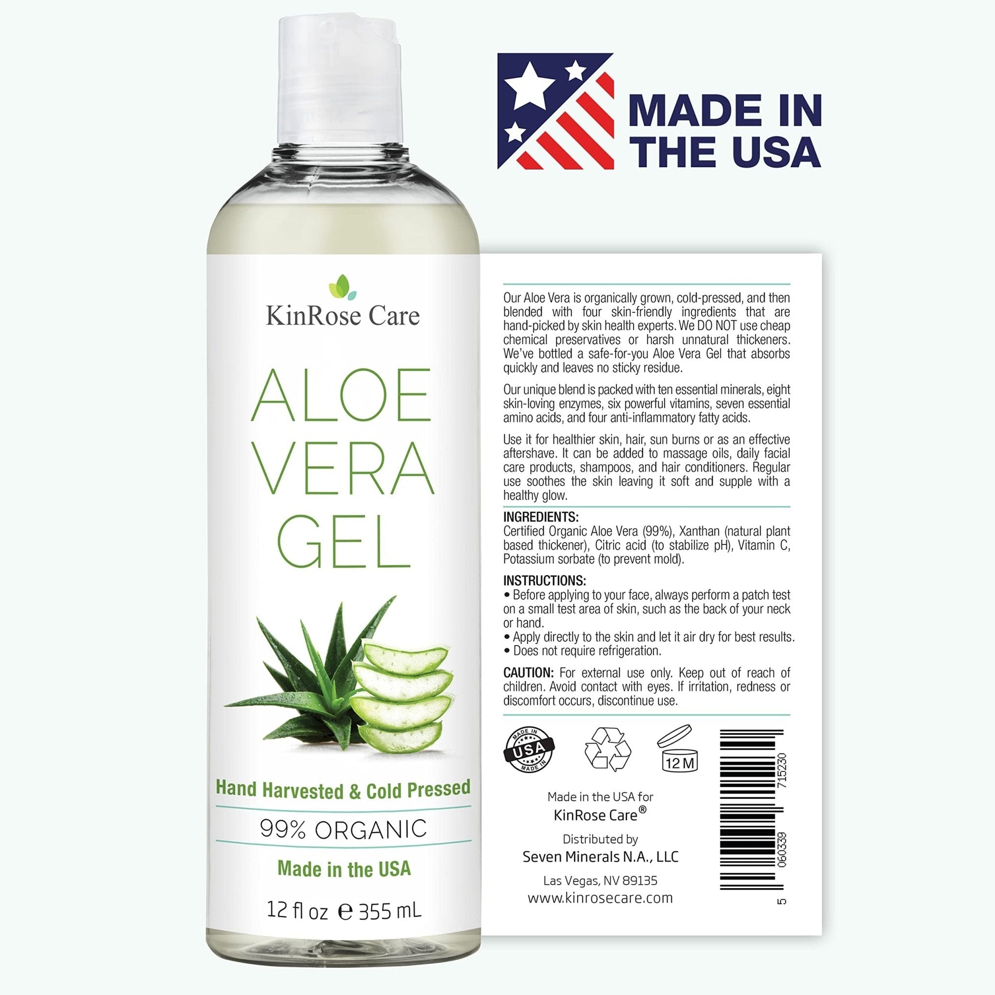 KinRose Care, 12oz Organic Aloe Vera Gel for Face, Skin, Hair & Sunburn Relief - From 100 Percent Pure Aloe Vera - PrimeBioHealth - canada supplements