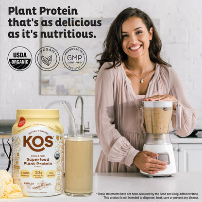KOS Vegan Protein Powder Erythritol Free, Vanilla USDA Organic - Pea Protein Blend, Plant Based Superfood Rich in Vitamins & Minerals - Keto, Dairy Free - Meal Replacement for Women & Men, 28 Servings - PrimeBioHealth - canada supplements