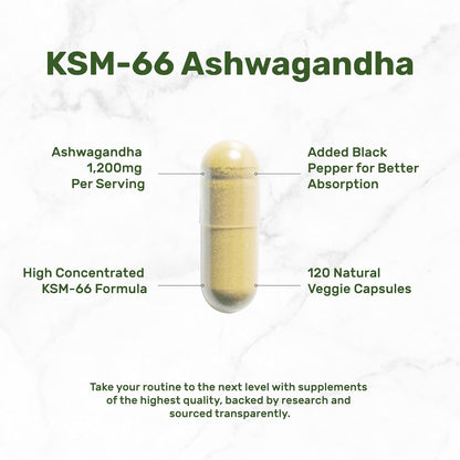 KSM 66 Ashwagandha 1,200mg with Black Pepper, 120 Veggie Capsules – Extra Strength Root Extract – High Absorption – Adaptogenic Supplements for Relaxation, Energy, & Brain Health – Non-GMO - PrimeBioHealth - canada supplements