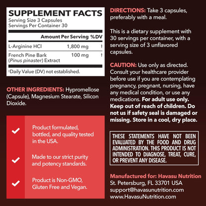 L-Arginine 1800mg and Pine Bark Extract 100mg - Nitric Oxide Supplement for Men - Performance Supplement for Men's Health - 90 Count - Endurance, Recovery Support - PrimeBioHealth - canada supplements