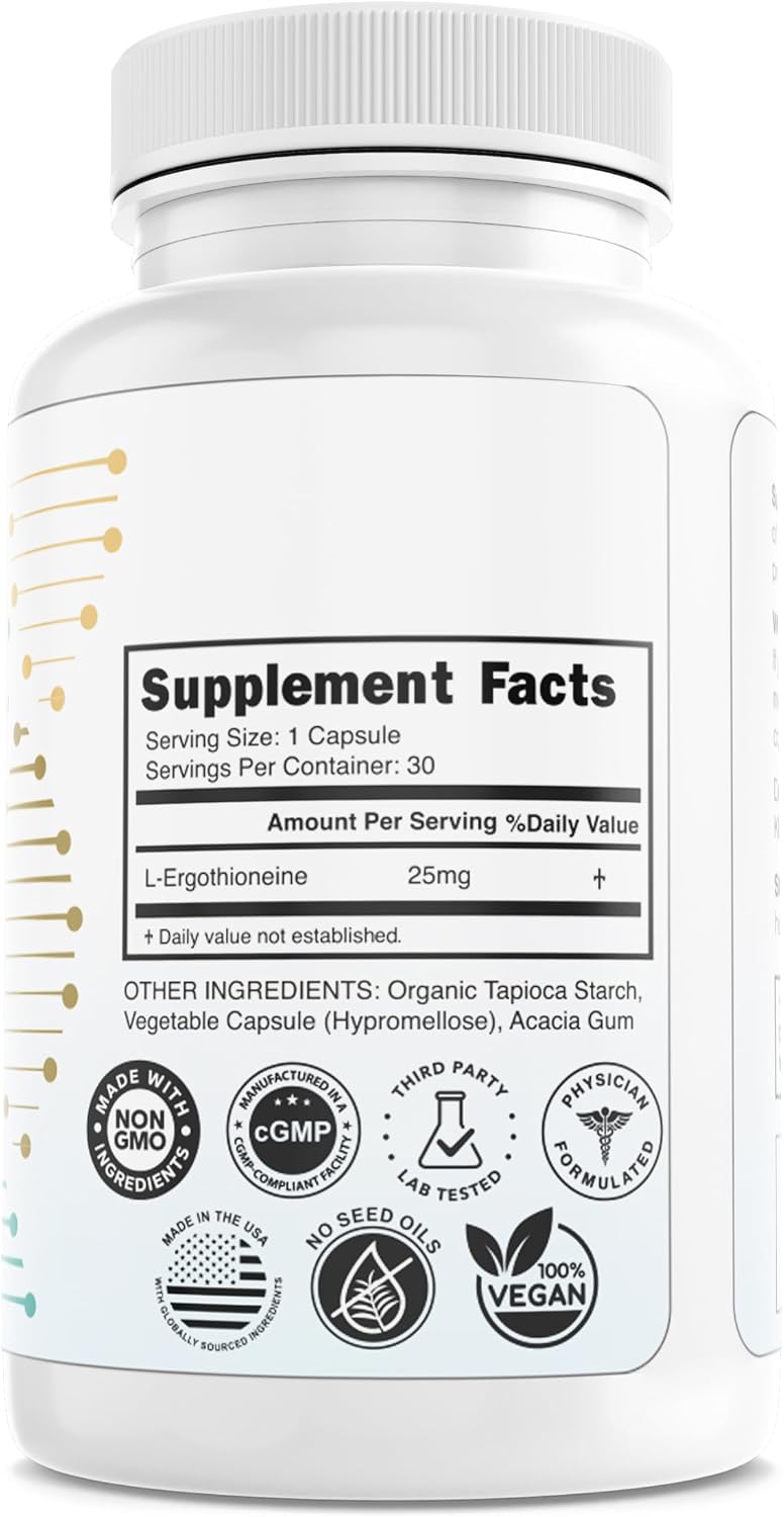 L-Ergothioneine Supplement 25mg – Fermentation-Based 99.9%+ Purity – Physician Formulated Antioxidant for Brain, Heart & Longevity – Vegan, Non-GMO, No Seed Oils, GMP USA – 30 Capsules - PrimeBioHealth - canada supplements