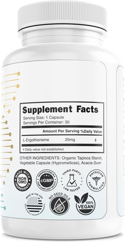 L-Ergothioneine Supplement 25mg – Fermentation-Based 99.9%+ Purity – Physician Formulated Antioxidant for Brain, Heart & Longevity – Vegan, Non-GMO, No Seed Oils, GMP USA – 30 Capsules - PrimeBioHealth - canada supplements